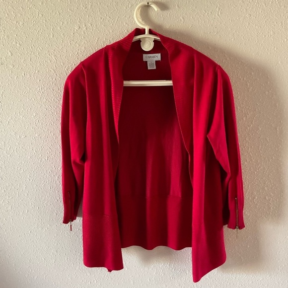 Carmen Marc Valvo Sweaters - Carmen Marc Valvo Open Cardigan Sweater Wine Red Zipper 3/4 Sleeves Wome…